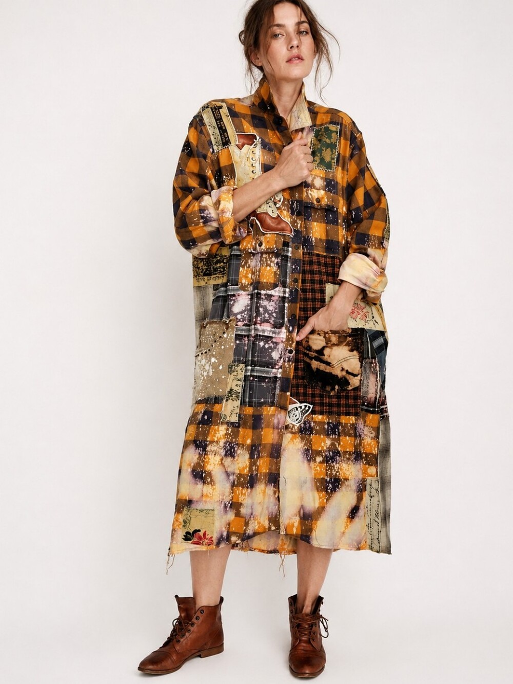 Designer Kimono Bohemian Duster Button-down Flannel Top Artisan Cottage Appliqué